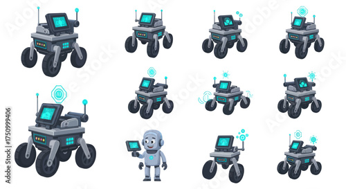 Collection of Futuristic Delivery Robots with Screens and Antennae.