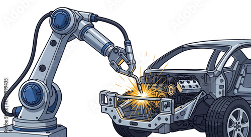 Robotic Arm Welding a Car Frame with Sparks.