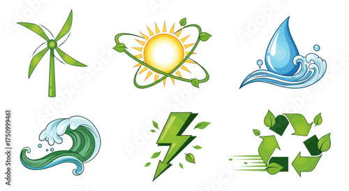 Vibrant Green Energy and Sustainability Icons Set: Wind Solar Water Electricity Recycling Symbols.