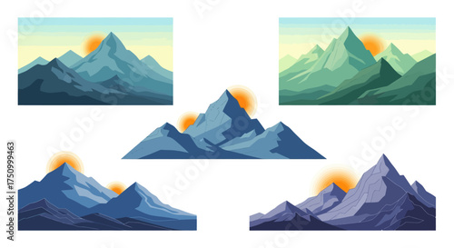 Set of Cartoon Mountain Landscapes with Sun Stylized Peaks and Valleys.