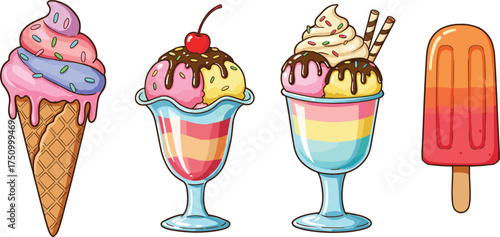 Colorful cartoon vector illustration of ice cream cone, sundae desserts, whipped cream toppings, popsicle treats, sprinkles, syrup, and cherry