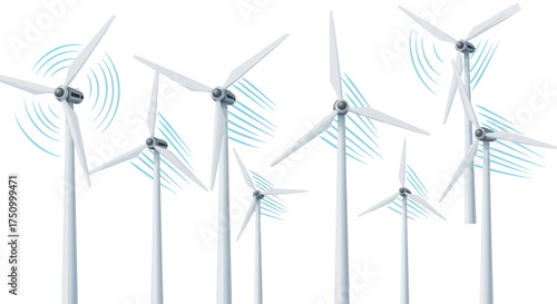 Array of modern wind turbines generating clean energy with visible energy waves.