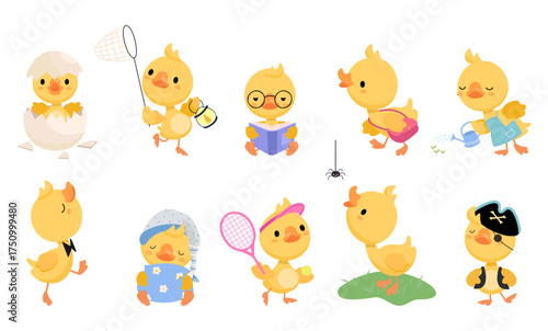 Funny ducklings. Cartoon yellow duckling various emotions and poses. Little duck read, play tennis, walking. Isolated farm bird characters, nowaday vector clipart