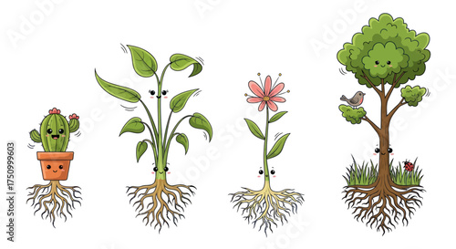 Cute Cartoon Plants with Visible Roots and Happy Faces Illustration.