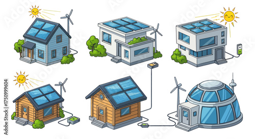 Diverse Eco-Friendly Homes Powered by Solar and Wind Energy.