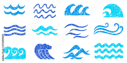Crayon drawing sea waves. Ocean wave blue elements, marine children objects. Chalk drawn nautical lines, nature water symbols. Isolated neoteric vector clipart
