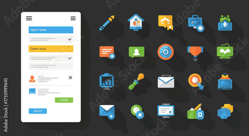 Smartphone Interface with Application and Various Flat Icons.