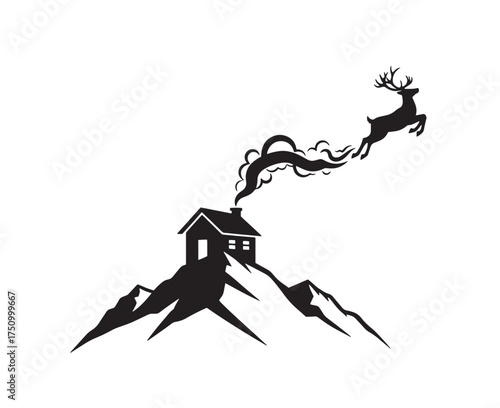 Black silhouette of a deer leaping from a mountain cabin chimney smoke on snowy peaks stag reindeer