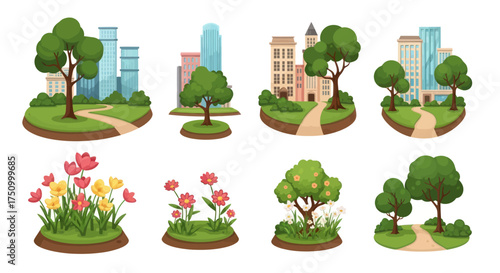 Diverse miniature urban and natural landscapes with trees and flowers.