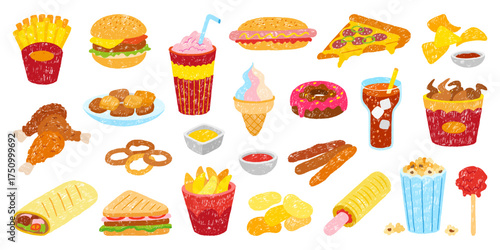 Crayon drawing fast food. Children style drawn pizza hot dog sandwich chicken fries and potatoes. Street meals and drinks, ice cream, popcorn, neoteric vector set