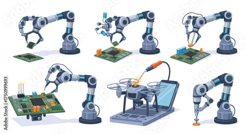 Robotic Arms Assembling Electronic Circuit Boards in Various Stages.