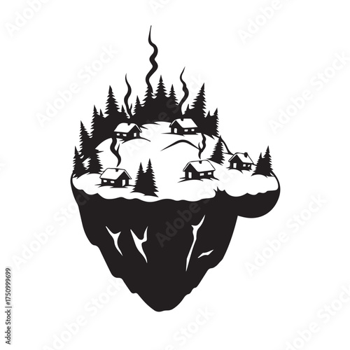 Black silhouette of a floating island with houses and pine trees against a white background cabins