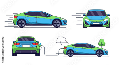 Modern Electric Car Charging and Driving Views Illustration.