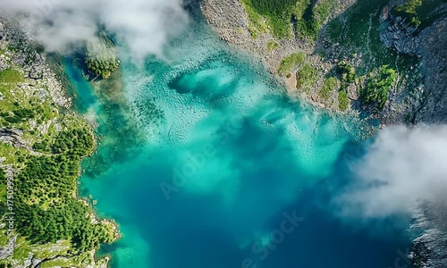 Aerial view of a turquoise lake surrounded by rocky terrain and lush green vegetation and clouds