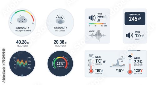 Air Quality and Environmental Monitoring Dashboard Interface Elements.