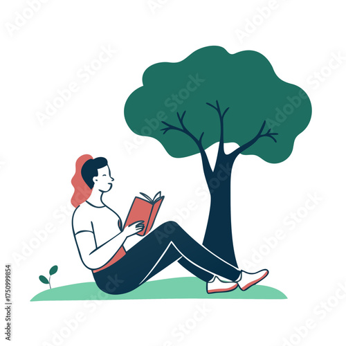 Enjoying literature in nature, a young woman finds solace under the shade of a tree, engrossed in her book on a sunny day, peaceful relaxation time