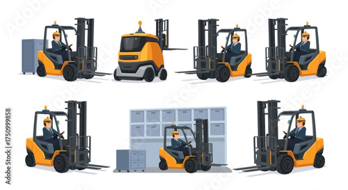 Industrial Forklifts and Autonomous Vehicle in Warehouse Setting.