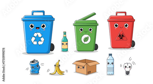 Colorful Cartoon Recycling Bins and Waste Sorting Items.