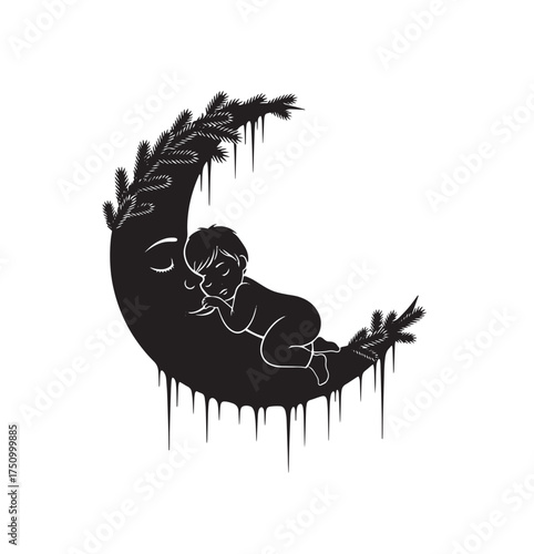 Black silhouette of a sleeping baby resting on a crescent moon with pine branches and dripping icicles
