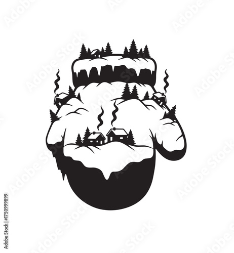 Black silhouette of a winter village nestled inside a mitten with snow covered hills and pine trees