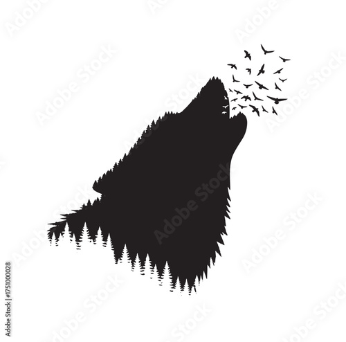 Black silhouette of a wolf howling with a forest landscape within its head and a flock of birds flying out of its mouth against a white background