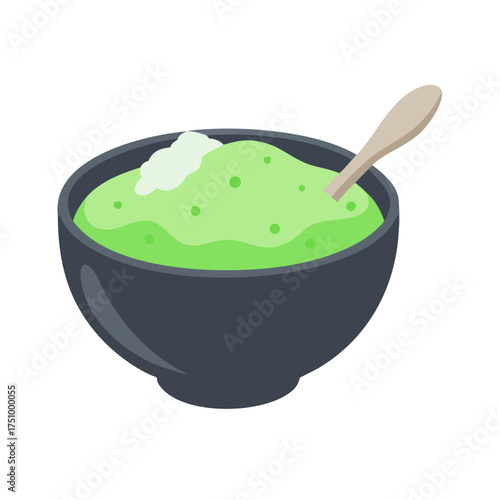 Delicious creamy green soup with a dollop of cream in a dark bowl, presented with a spoon, perfect for healthy eating and dietary illustration