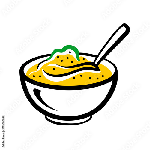 Delicious yellow soup with a spoon, garnished with a vibrant green herb, offering a comforting and healthy meal option presented in a bright, clean style