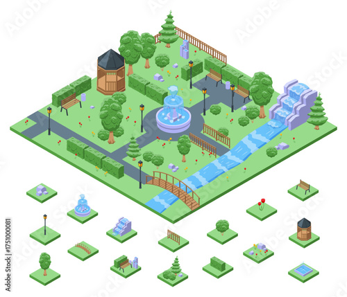 Isometric city park with fountain. Urban garden location with fountains and decorative waterfall, bench, walking and rest area. Architecture nifty vector scene