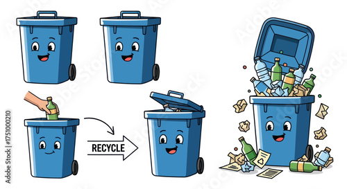 Adorable Blue Recycling Bins with Happy Faces Illustrating Waste Sorting and Recycling Process.