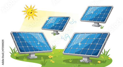 Cartoon Solar Panels with Sun Harvesting Renewable Energy.