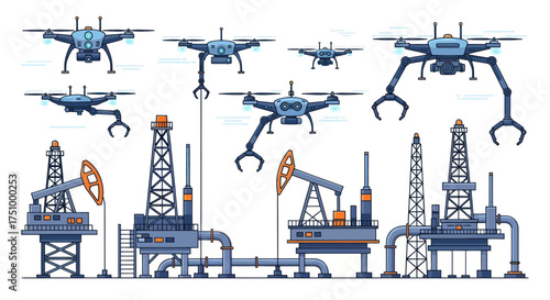 Futuristic Drones and Oil Rigs in Industrial Landscape.