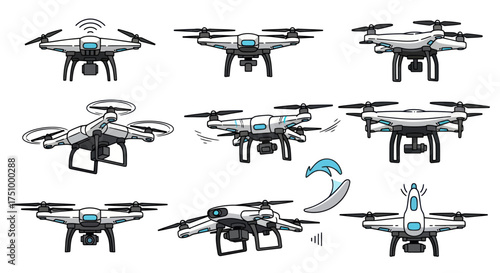 Collection of Illustrated Drones and Quadcopters Various Models and Angles.