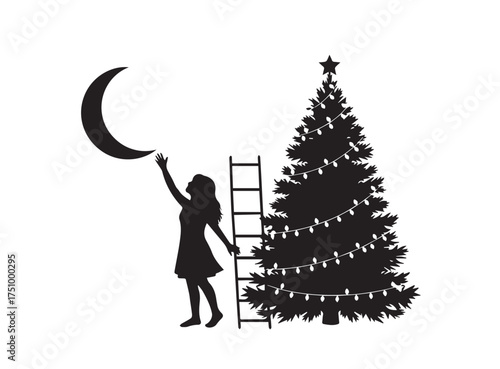 Silhouette of a girl reaching for the moon next to a decorated Christmas tree with a ladder woman child