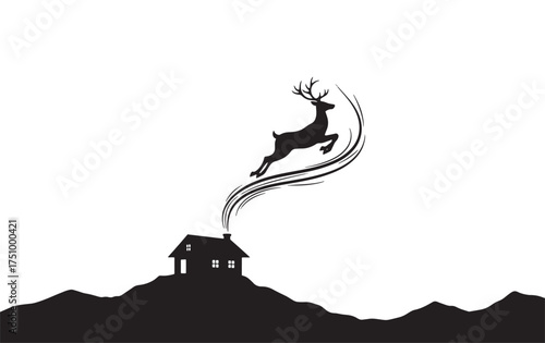 Silhouette of a leaping reindeer above a house on a hill with swirling smoke jumping