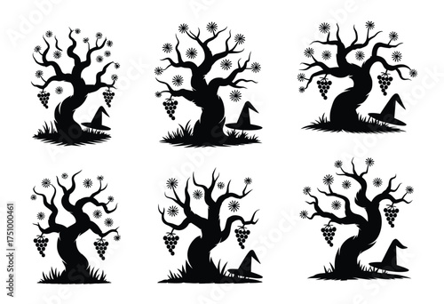 Six stylized silhouette vector illustrations of spooky halloween trees with grapes and witch hats eps silhouette vector illustration white background