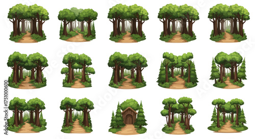 Collection of Cartoon Forest Illustrations with Trees and Paths.