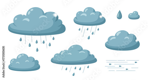 Collection of cartoon-style blue rain clouds with falling raindrops.
