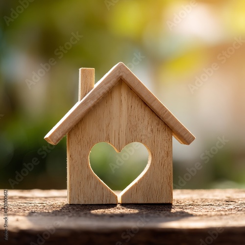 A wooden house with a heart-shaped cut-out, embodying home and love, placed outdoors.