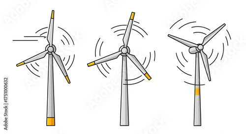 Vector Illustration of Three Wind Turbines Generating Energy.