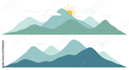 Stylized Green Mountain Landscape Vector Illustration with Sun and Clouds.