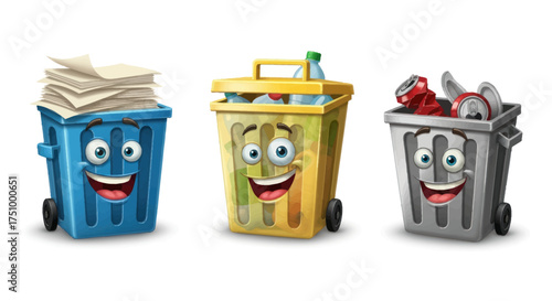 A set of three colorful smiling cartoon recycling bins for sorting paper plastic and metal waste.