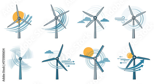 Collection of Stylized Wind Turbine Icons Illustrating Renewable Energy.
