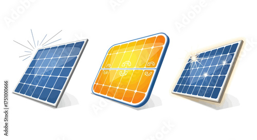 Three solar panels one with sun rays on a white background.