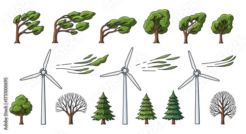 Collection of Wind Turbines and Trees in Various Styles.
