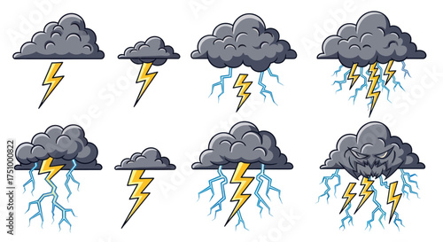Collection of Cartoon Storm Clouds with Lightning Strikes.