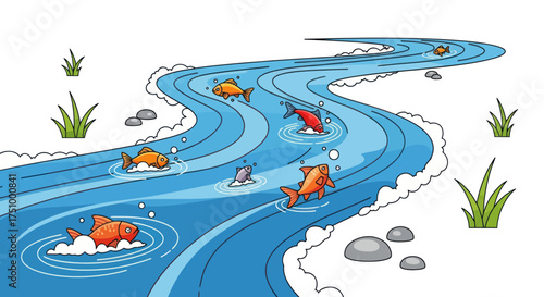 Colorful Salmon Swimming Upstream in a Winding Blue River.