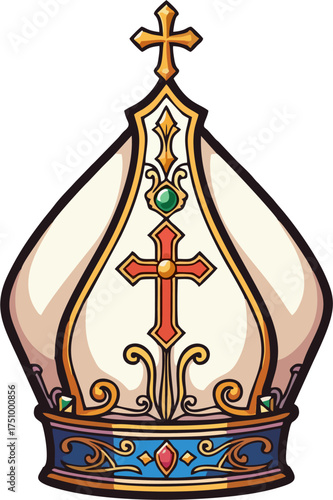Ornate Bishop Mitre Vector Illustration – Gold and Blue Ceremonial Pope Hat with Christian Cross and Jewel Accents