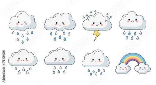 Cute Cartoon Clouds Weather Icons Set with Rain Lightning and Rainbow.