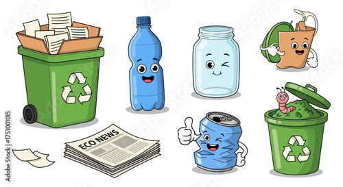 Cute cartoon recycling characters and waste sorting items Illustrated set of paper plastic glass and metal waste.