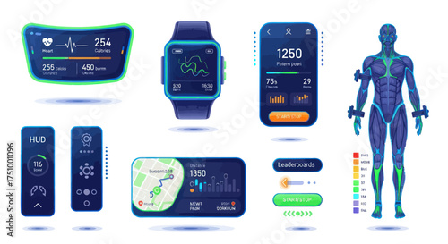 Futuristic Health Monitoring Devices and Human Body Scan Display.